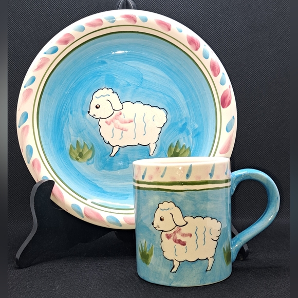 Set  Vintage Handpainted World Bazaars Ceramic EASTER LAMB Plate and Mug Spring - Picture 2 of 12